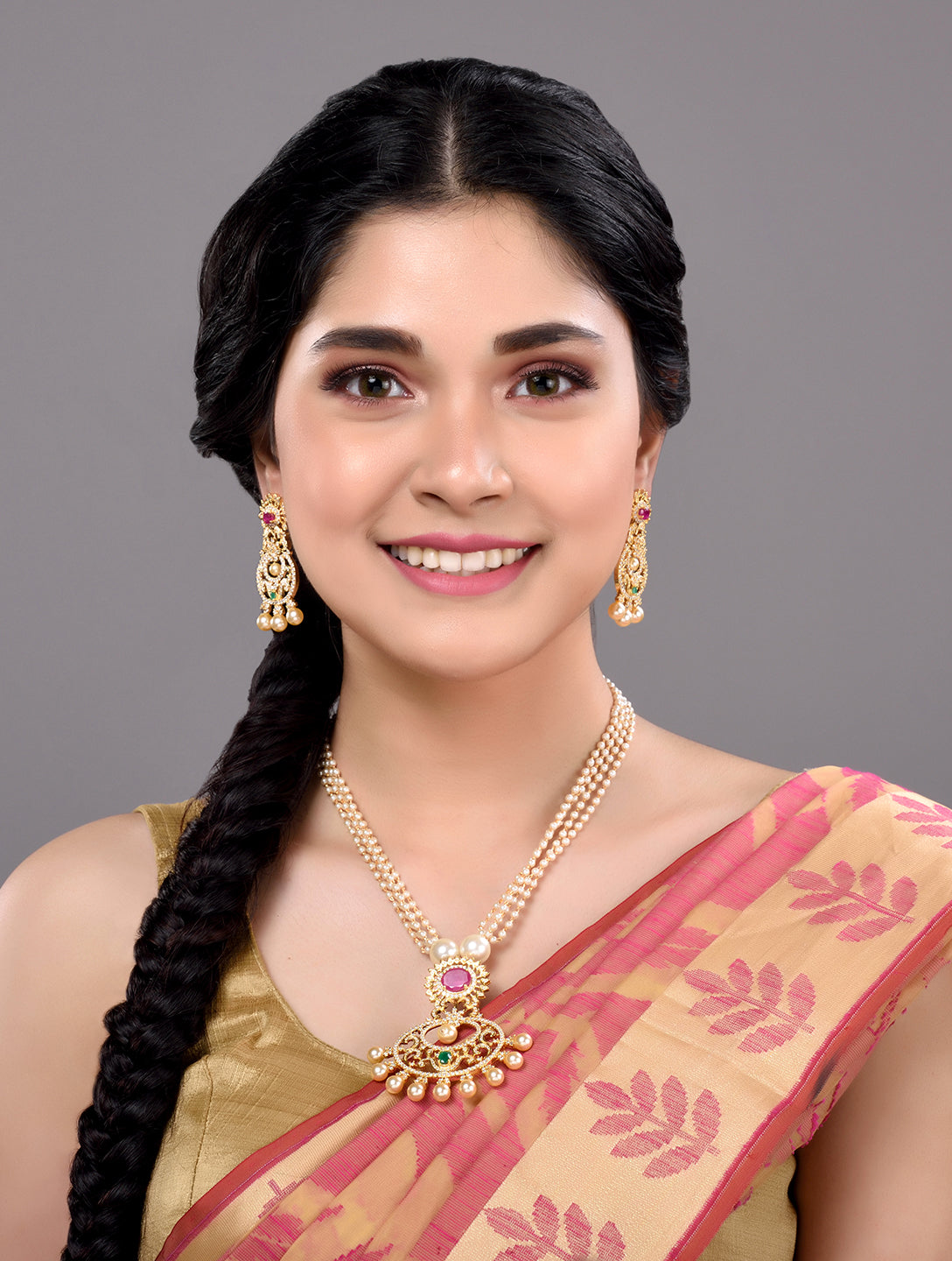 Gold Plated Multi AD and Pearl Studded Chandbali Pendant Necklace and Earrings Set